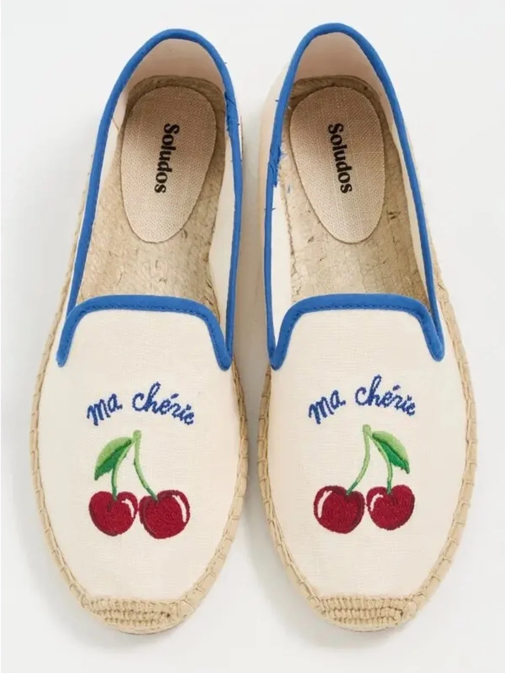 Soludos Ma Chérie Cherry Embroidered Espadrilles in White with Blue Trim